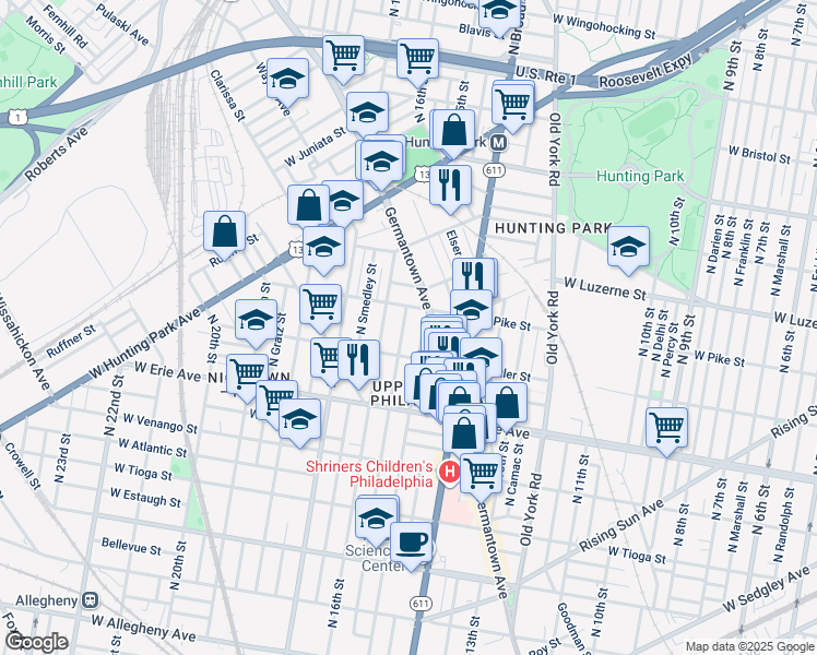 map of restaurants, bars, coffee shops, grocery stores, and more near 3837 North Sydenham Street in Philadelphia