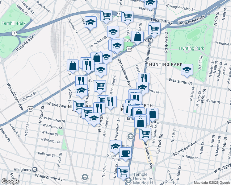map of restaurants, bars, coffee shops, grocery stores, and more near 3849 North Smedley Street in Philadelphia