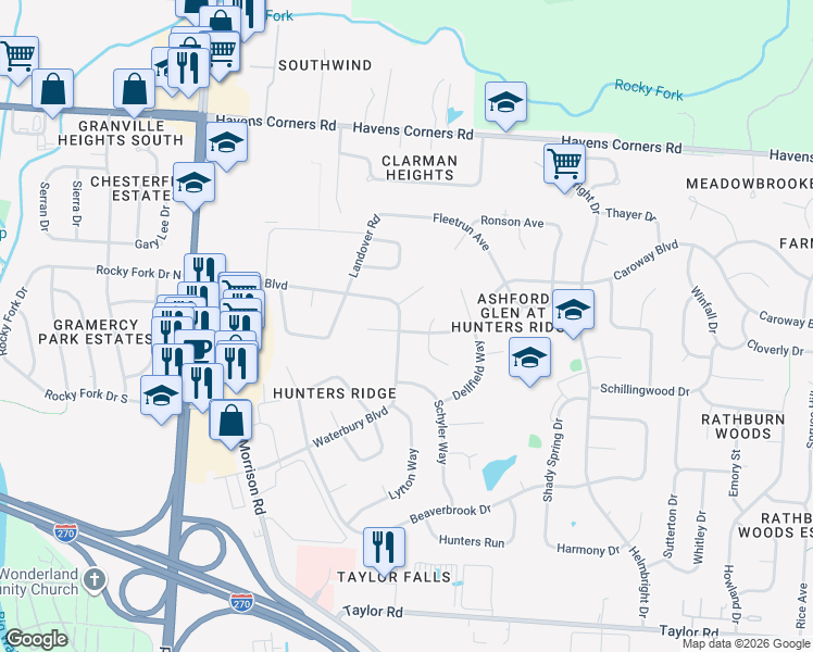 map of restaurants, bars, coffee shops, grocery stores, and more near 661 Wigan Court in Columbus