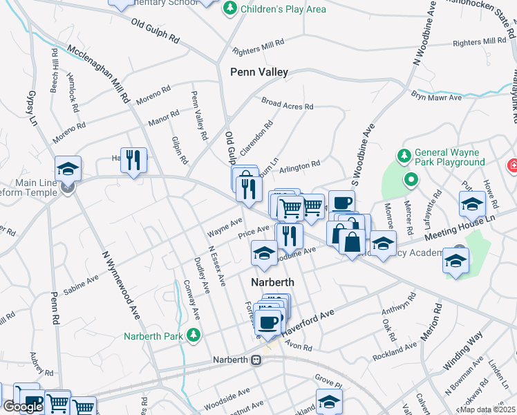 map of restaurants, bars, coffee shops, grocery stores, and more near 933 Montgomery Avenue in Narberth