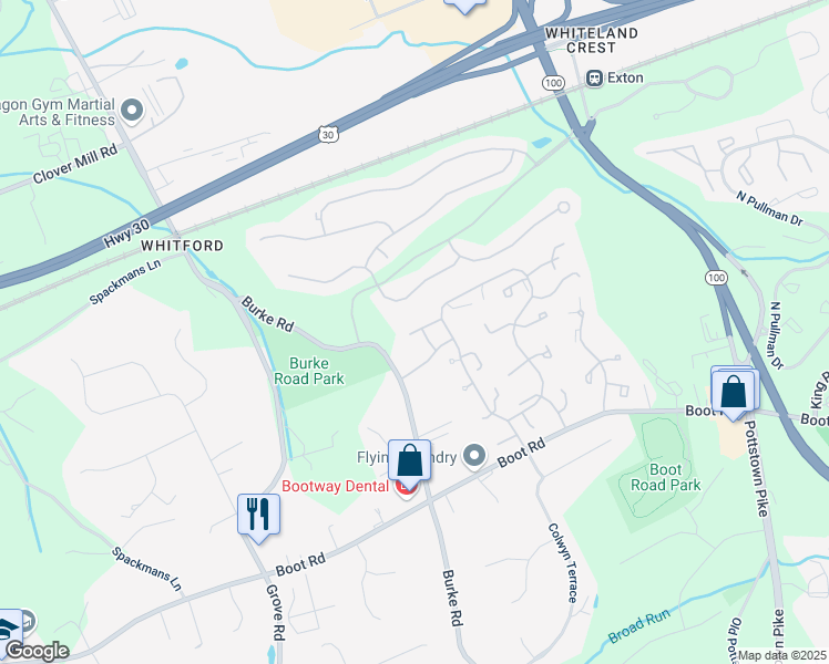map of restaurants, bars, coffee shops, grocery stores, and more near 137 Denbigh Terrace in West Chester