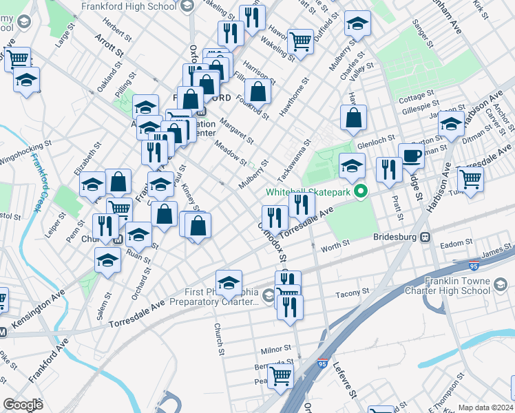 map of restaurants, bars, coffee shops, grocery stores, and more near 4613 Tackawanna Street in Philadelphia