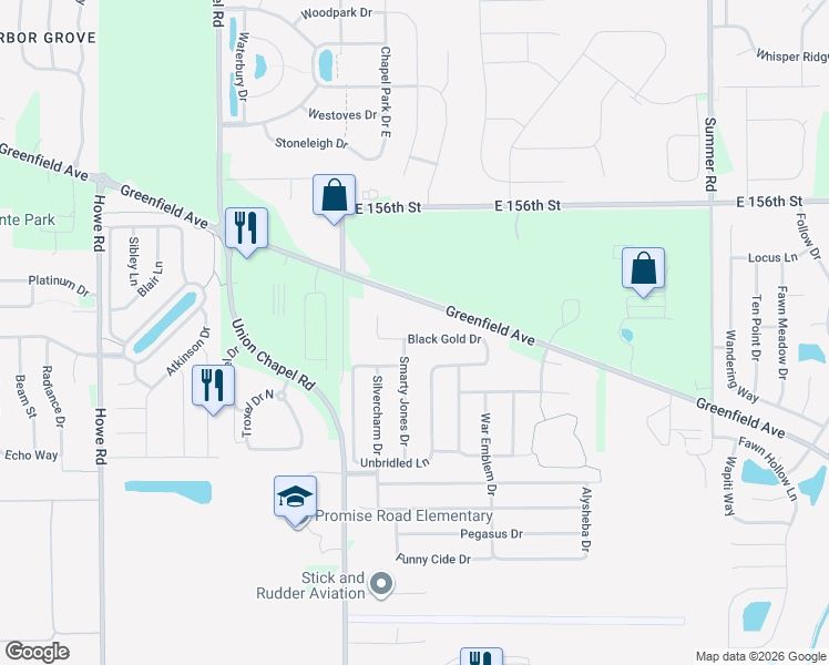 map of restaurants, bars, coffee shops, grocery stores, and more near 11206 Black Gold Drive in Noblesville
