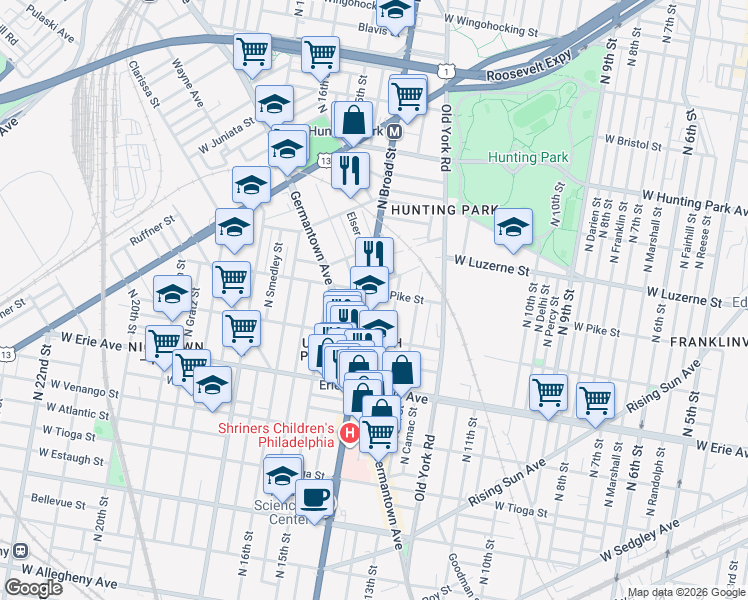 map of restaurants, bars, coffee shops, grocery stores, and more near 1347 West Pike Street in Philadelphia