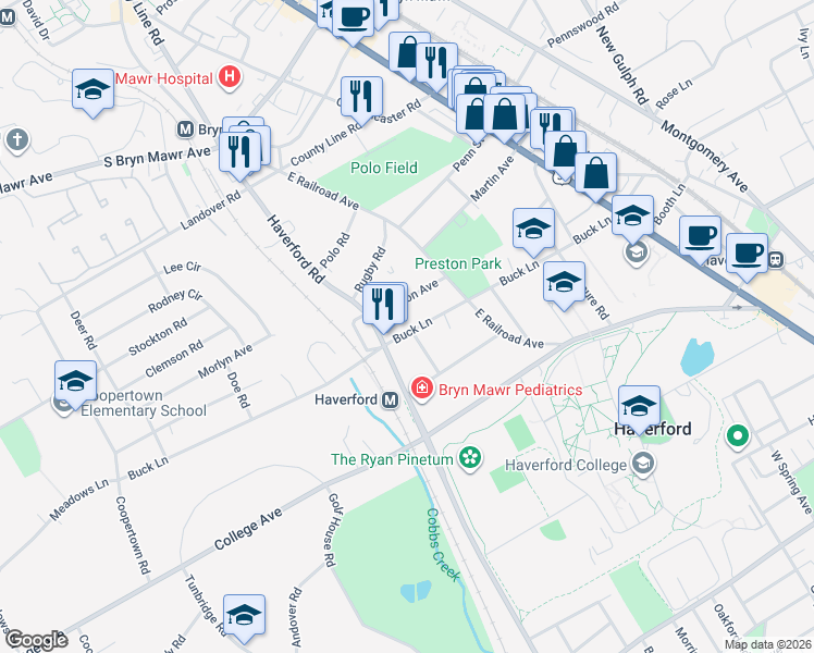 map of restaurants, bars, coffee shops, grocery stores, and more near 713 Preston Avenue in Bryn Mawr
