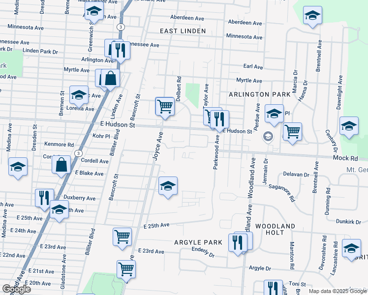 map of restaurants, bars, coffee shops, grocery stores, and more near Artane Place in Columbus
