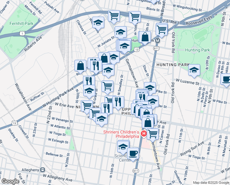map of restaurants, bars, coffee shops, grocery stores, and more near 3823 North 17th Street in Philadelphia