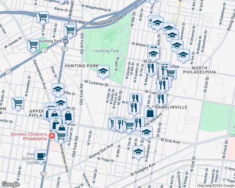 map of restaurants, bars, coffee shops, grocery stores, and more near 3931 North Percy Street in Philadelphia
