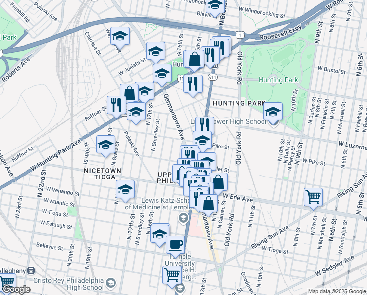 map of restaurants, bars, coffee shops, grocery stores, and more near 3848 Germantown Avenue in Philadelphia