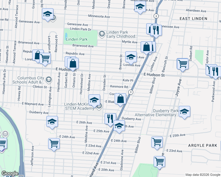 map of restaurants, bars, coffee shops, grocery stores, and more near 1442 Kenmore Road in Columbus