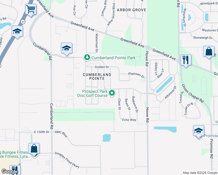 map of restaurants, bars, coffee shops, grocery stores, and more near 10264 Cumberland Pointe Boulevard in Noblesville