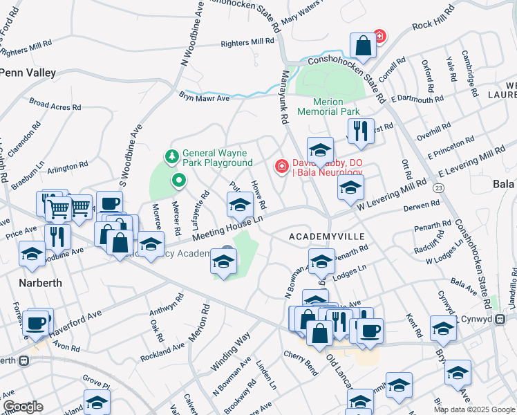 map of restaurants, bars, coffee shops, grocery stores, and more near 508 Howe Road in Merion Station