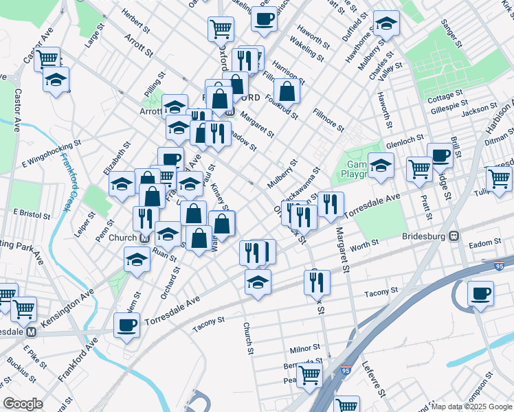 map of restaurants, bars, coffee shops, grocery stores, and more near 1818 Pear Street in Philadelphia