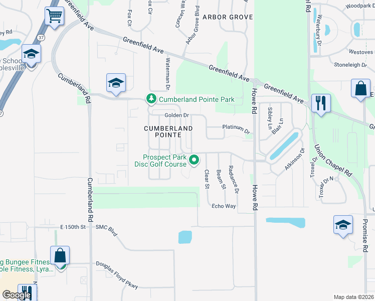map of restaurants, bars, coffee shops, grocery stores, and more near 10260 Cumberland Pointe Boulevard in Noblesville