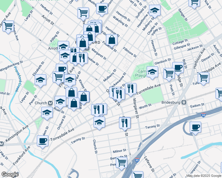 map of restaurants, bars, coffee shops, grocery stores, and more near 4613 Tackawanna Street in Philadelphia