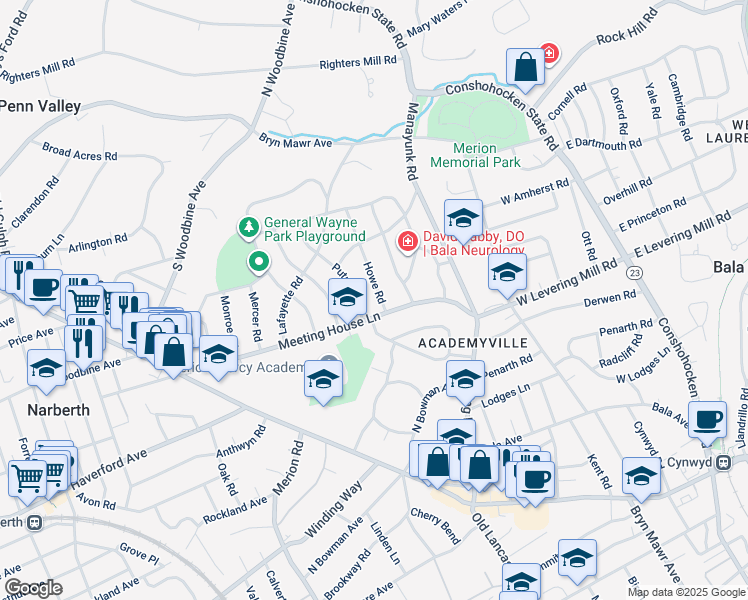 map of restaurants, bars, coffee shops, grocery stores, and more near 508 Howe Road in Merion Station