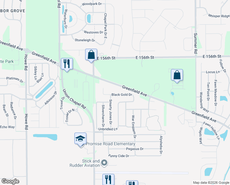 map of restaurants, bars, coffee shops, grocery stores, and more near 11206 Black Gold Drive in Noblesville