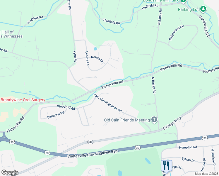 map of restaurants, bars, coffee shops, grocery stores, and more near 1718 Fisherville Road in Coatesville