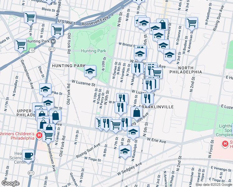 map of restaurants, bars, coffee shops, grocery stores, and more near 3945 North 8th Street in Philadelphia