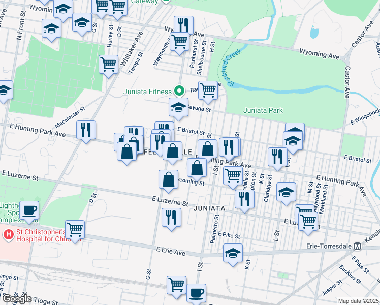 map of restaurants, bars, coffee shops, grocery stores, and more near 801-39 East Hunting Park Avenue in Philadelphia