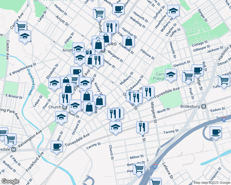 map of restaurants, bars, coffee shops, grocery stores, and more near 1818 Pear Street in Philadelphia