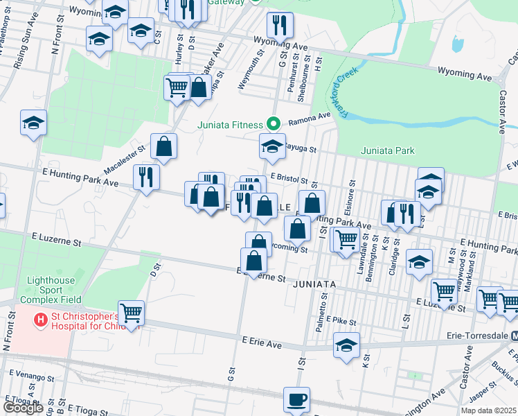 map of restaurants, bars, coffee shops, grocery stores, and more near E Hunting Park Ave & G St in Philadelphia