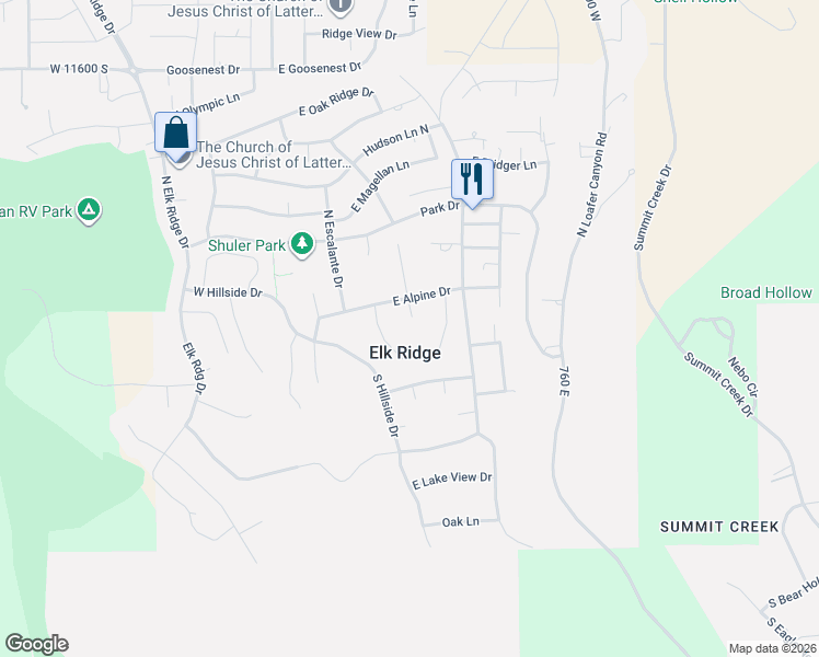 map of restaurants, bars, coffee shops, grocery stores, and more near 25 South Clark Lane in Elk Ridge