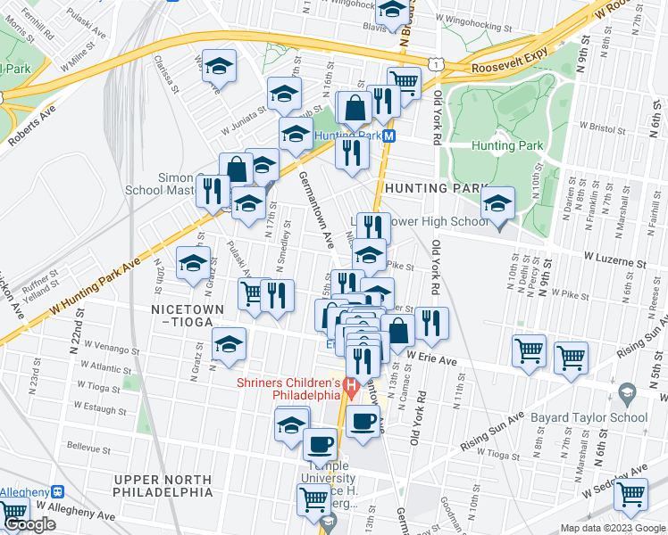 map of restaurants, bars, coffee shops, grocery stores, and more near 3850 Germantown Avenue in Philadelphia