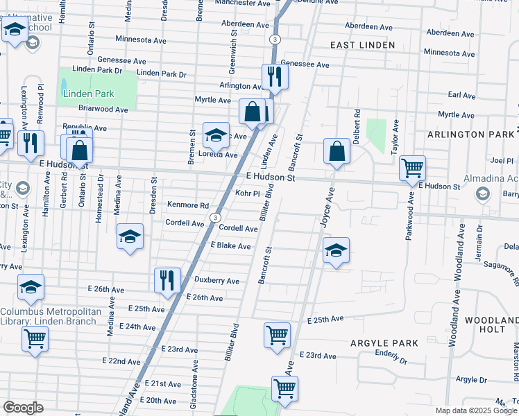 map of restaurants, bars, coffee shops, grocery stores, and more near 1630 Kenmore Road in Columbus