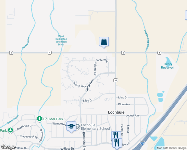 map of restaurants, bars, coffee shops, grocery stores, and more near 600 Pinyon Circle in Lochbuie