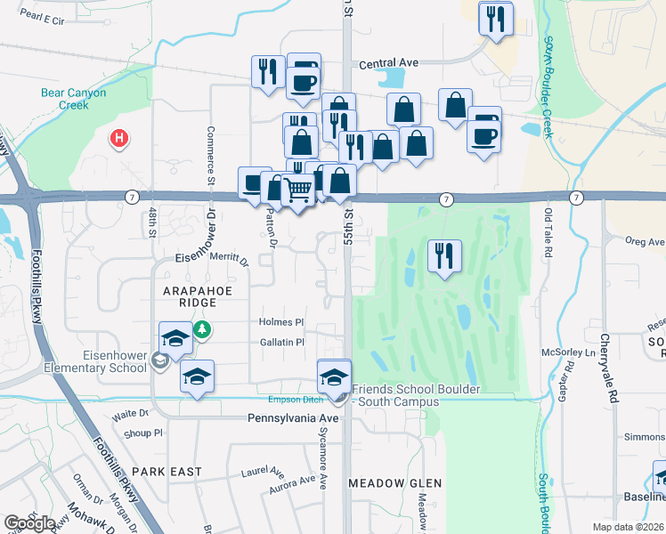 map of restaurants, bars, coffee shops, grocery stores, and more near 1495 Lodge Court in Boulder