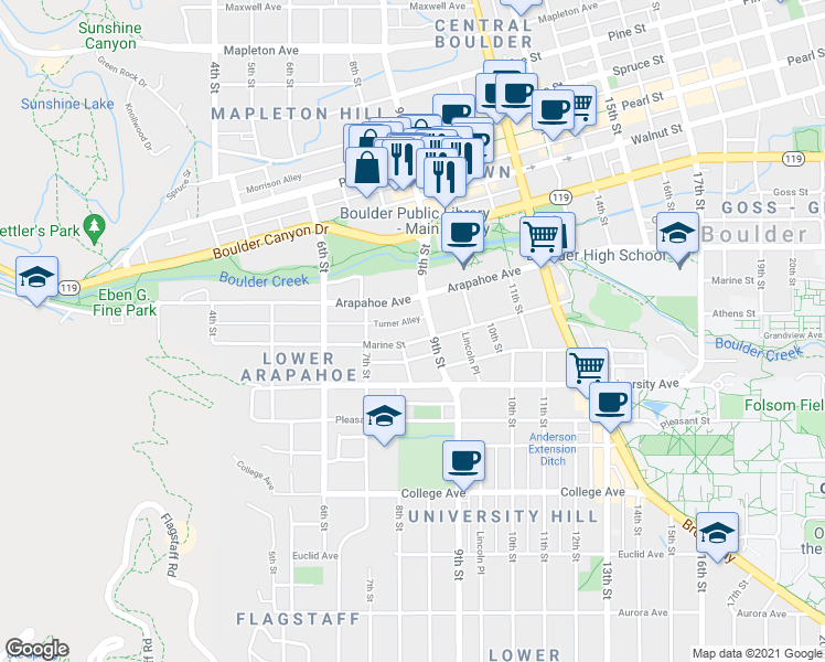 map of restaurants, bars, coffee shops, grocery stores, and more near 1639 9th Street in Boulder