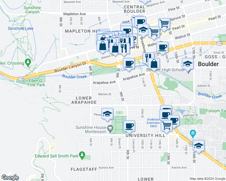 map of restaurants, bars, coffee shops, grocery stores, and more near 1639 9th Street in Boulder