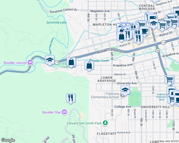 map of restaurants, bars, coffee shops, grocery stores, and more near 428 Arapahoe Avenue in Boulder