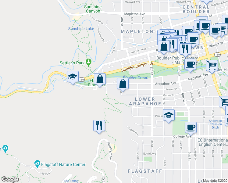 map of restaurants, bars, coffee shops, grocery stores, and more near 358 Arapahoe Avenue in Boulder