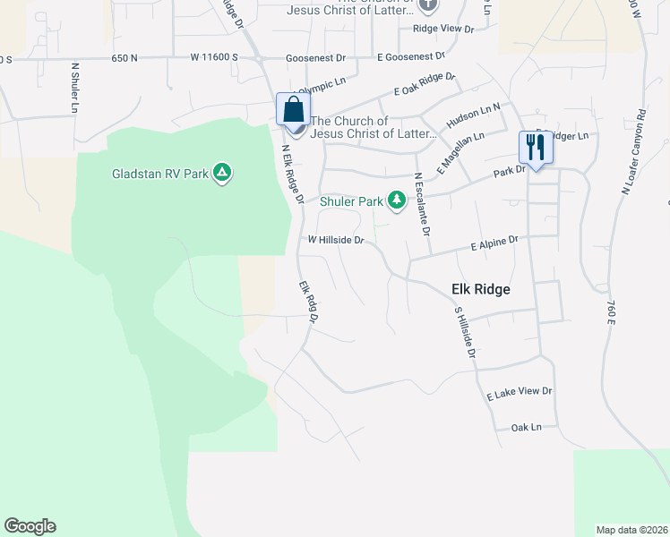 map of restaurants, bars, coffee shops, grocery stores, and more near 173 Hillside Drive in Elk Ridge