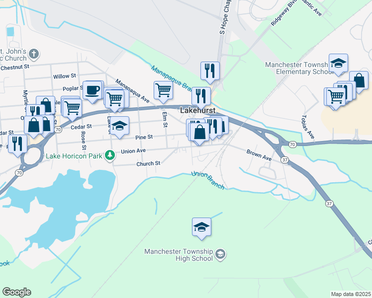 map of restaurants, bars, coffee shops, grocery stores, and more near 111 Union Avenue in Lakehurst