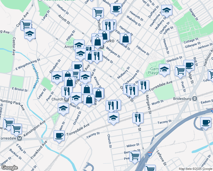 map of restaurants, bars, coffee shops, grocery stores, and more near 4530 Mulberry Street in Philadelphia