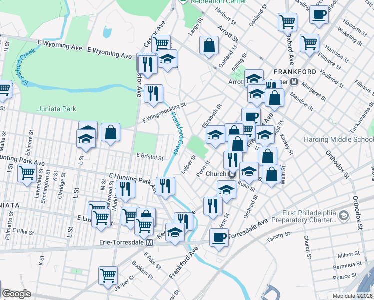 map of restaurants, bars, coffee shops, grocery stores, and more near 4238 Adams Avenue in Philadelphia