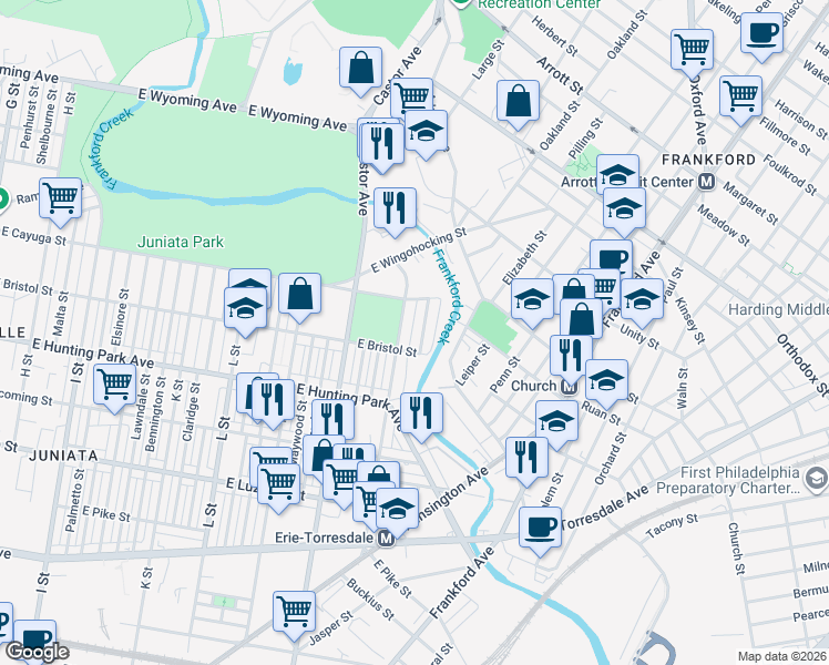 map of restaurants, bars, coffee shops, grocery stores, and more near 4345 Potter Street in Philadelphia