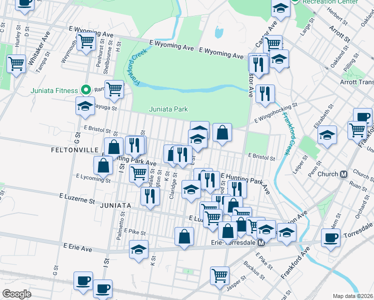 map of restaurants, bars, coffee shops, grocery stores, and more near 4300 L Street in Philadelphia