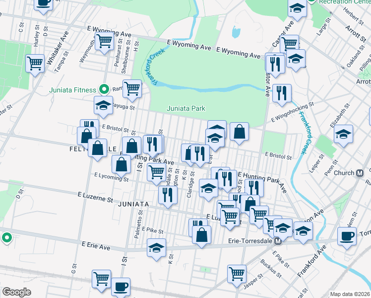 map of restaurants, bars, coffee shops, grocery stores, and more near 4259 K Street in Philadelphia