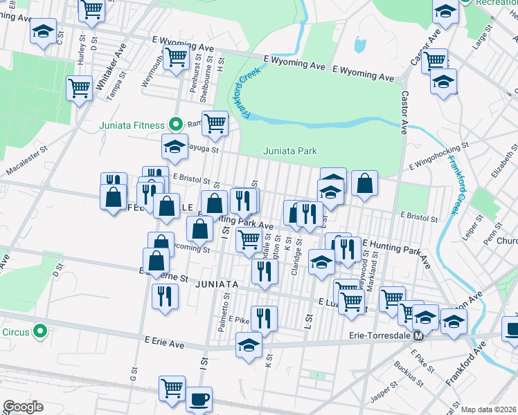 map of restaurants, bars, coffee shops, grocery stores, and more near 4243 Elsinore Street in Philadelphia