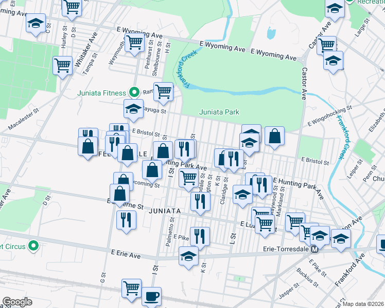 map of restaurants, bars, coffee shops, grocery stores, and more near 4243 Elsinore Street in Philadelphia
