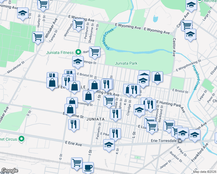 map of restaurants, bars, coffee shops, grocery stores, and more near 4243 Elsinore Street in Philadelphia