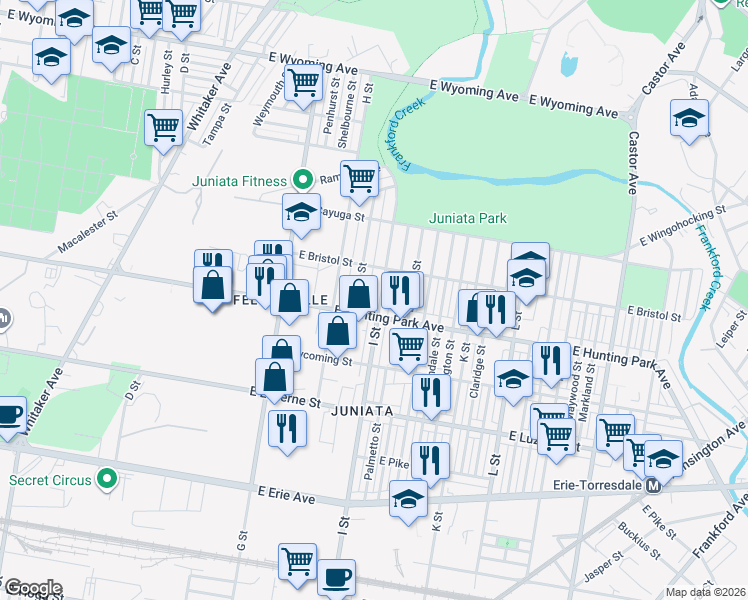 map of restaurants, bars, coffee shops, grocery stores, and more near 4236 I Street in Philadelphia