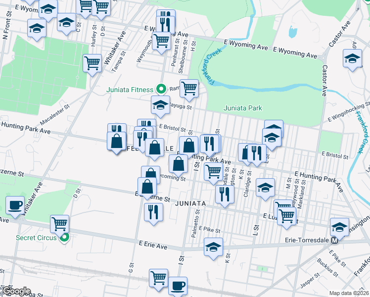 map of restaurants, bars, coffee shops, grocery stores, and more near 4227 H Street in Philadelphia