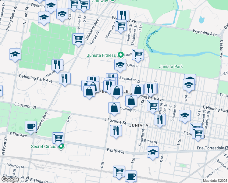 map of restaurants, bars, coffee shops, grocery stores, and more near 723 East Hunting Park Avenue in Philadelphia