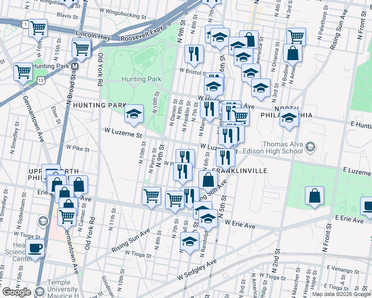 map of restaurants, bars, coffee shops, grocery stores, and more near 4001 North 7th Street in Philadelphia