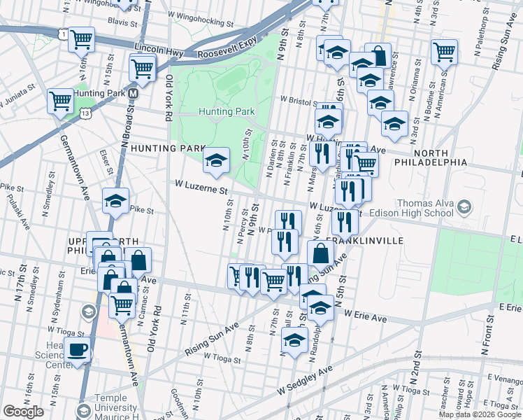 map of restaurants, bars, coffee shops, grocery stores, and more near 3958 North 8th Street in Philadelphia